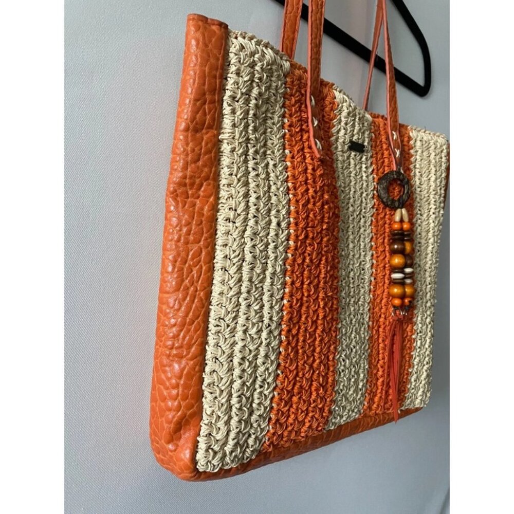 Sun N' Sand Womens Orange & Beige Beach Chic Crochet Shoulder Tote Bag - Picture 3 of 13